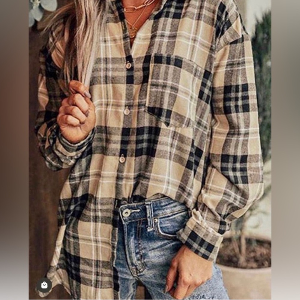 Khaki & Black Plaid Button Down Shirt Medium NWT